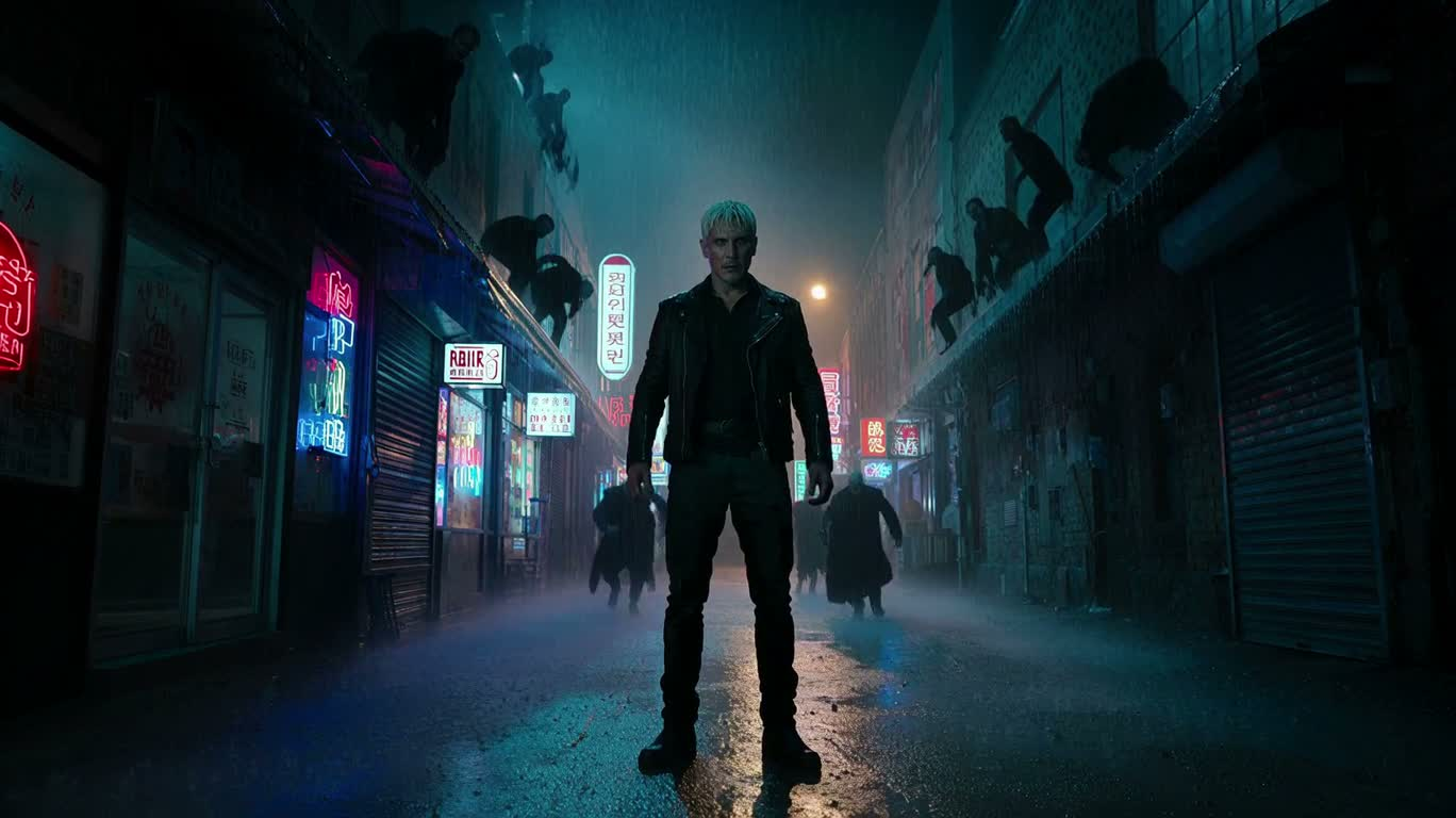 霓虹雨巷中的吸血鬼猎杀者 — AI video creation