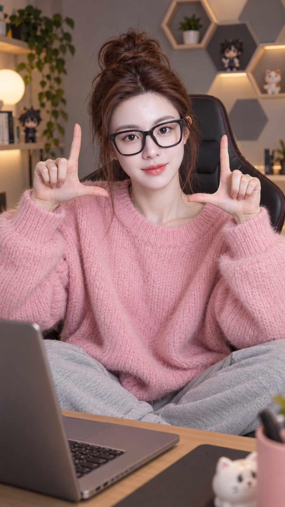핑크 퍼 니트와 게이밍 의자에서 찍은 집 셀카