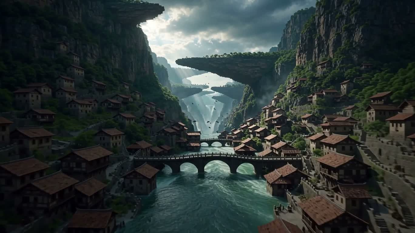 Horizontal Spire Village in a Canyon Flood