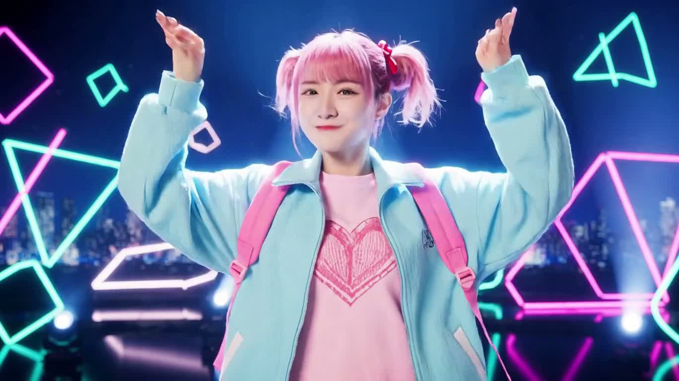 霓虹舞台上的粉发偶像 — AI video creation