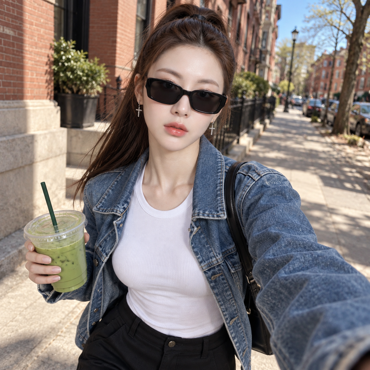 手持抹茶的都市时尚女孩漫步红砖街道 — AI image creation
