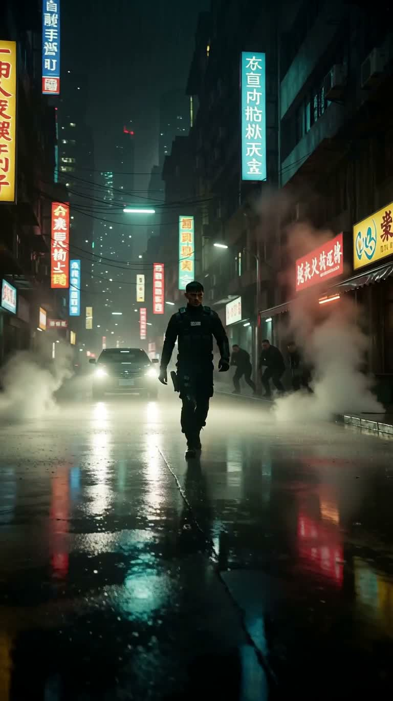 雨夜霓虹巷的战术追击 — AI video creation