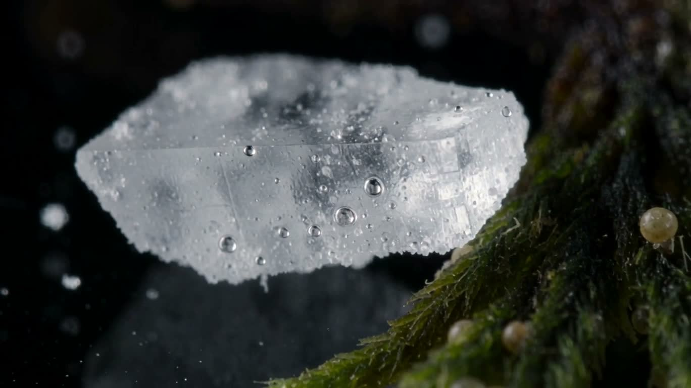 Le monde microscopique des cristaux de sel et de la mousse — AI video creation