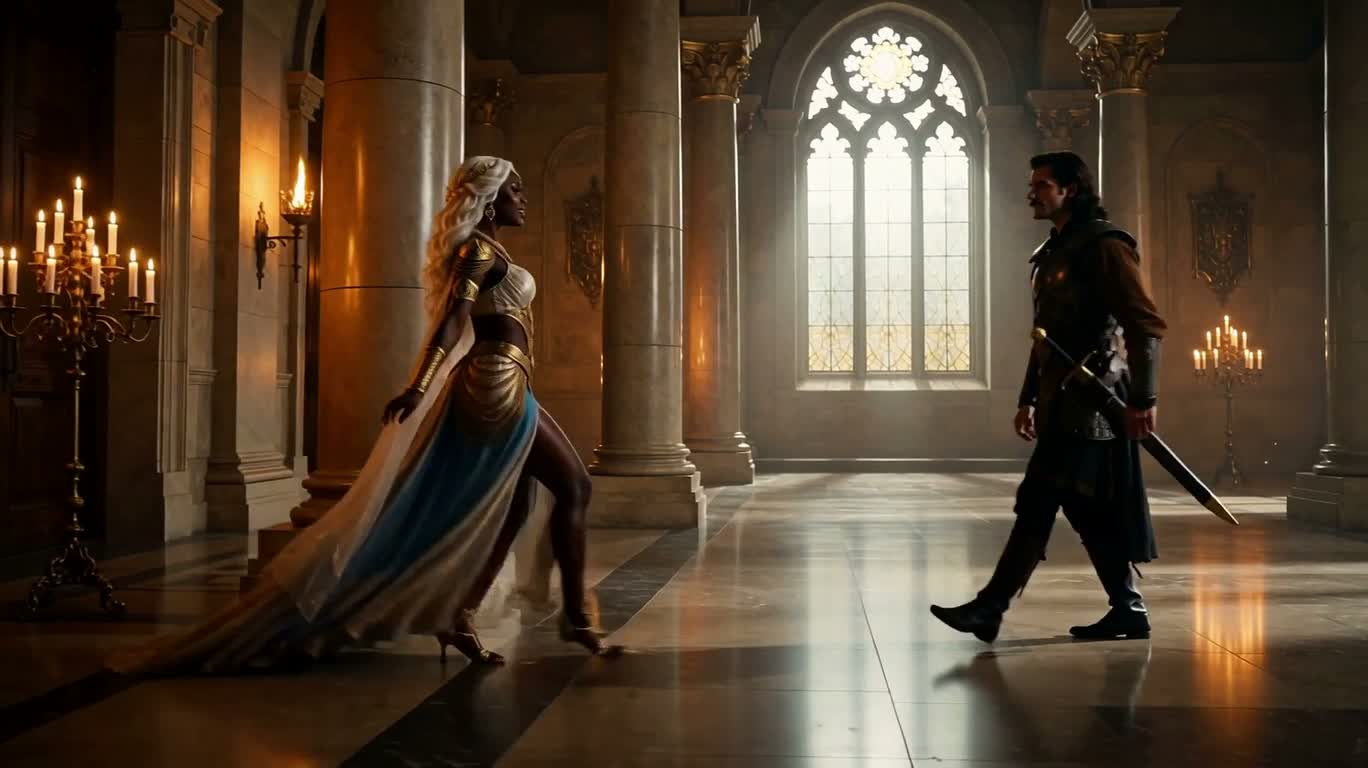 Black-haired mercenary dancing with white-haired queen