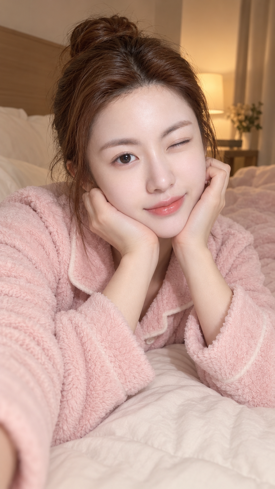 成年日本女性粉色绒感睡衣温馨睡前自拍