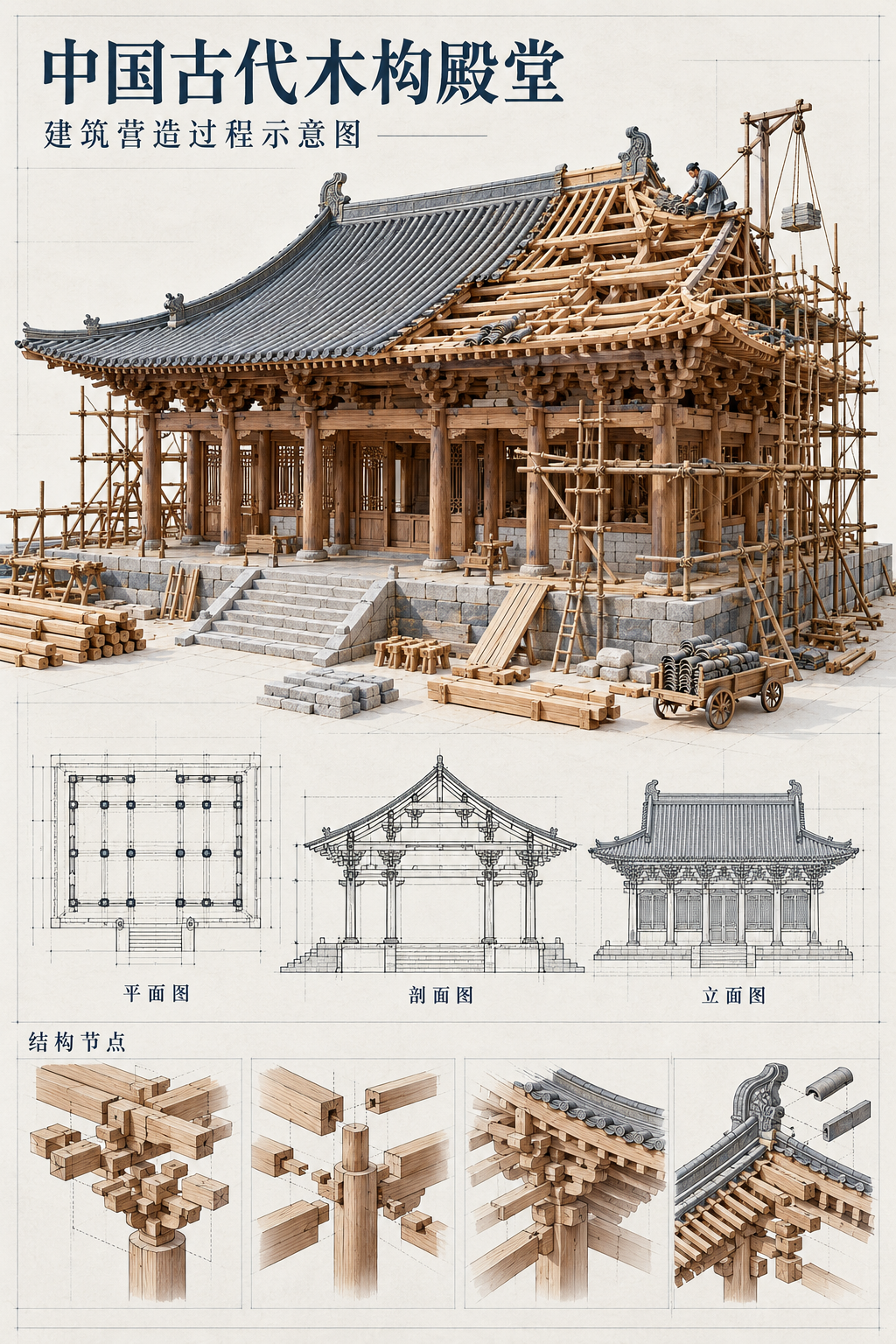 古代中国木构殿堂从现代图纸中立体建造的微缩蓝图 — AI image creation