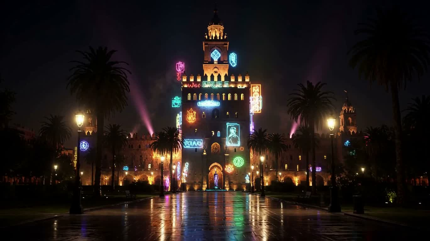 Киберночной пейзаж с Золотой башней Севильи — AI video creation