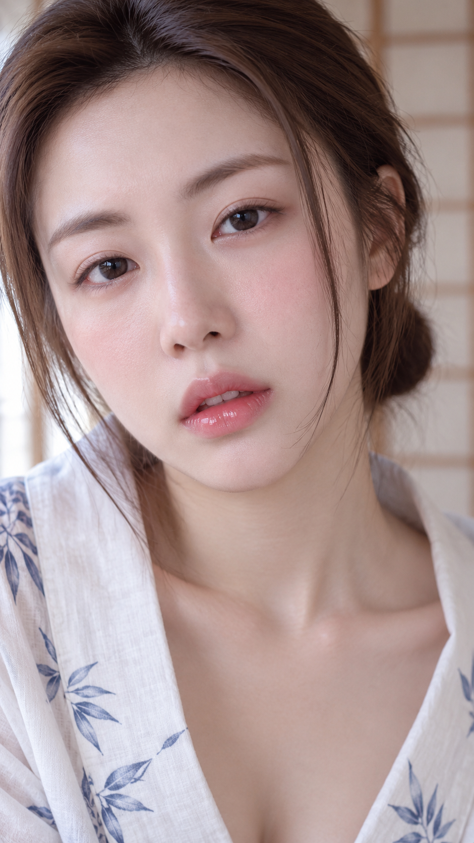 白色棉浴衣与暖白纸门背景的日籍成年女性近摄肖像 — AI image creation