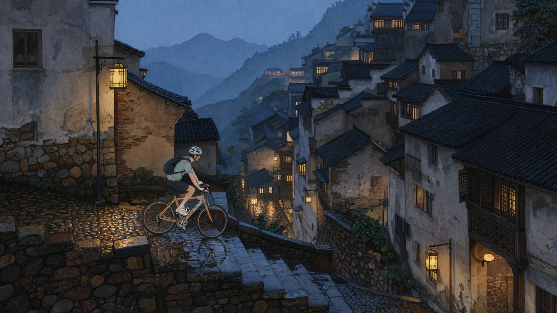 Night Ride in the Mountain City · Song-Style Gongbi — AI image creation