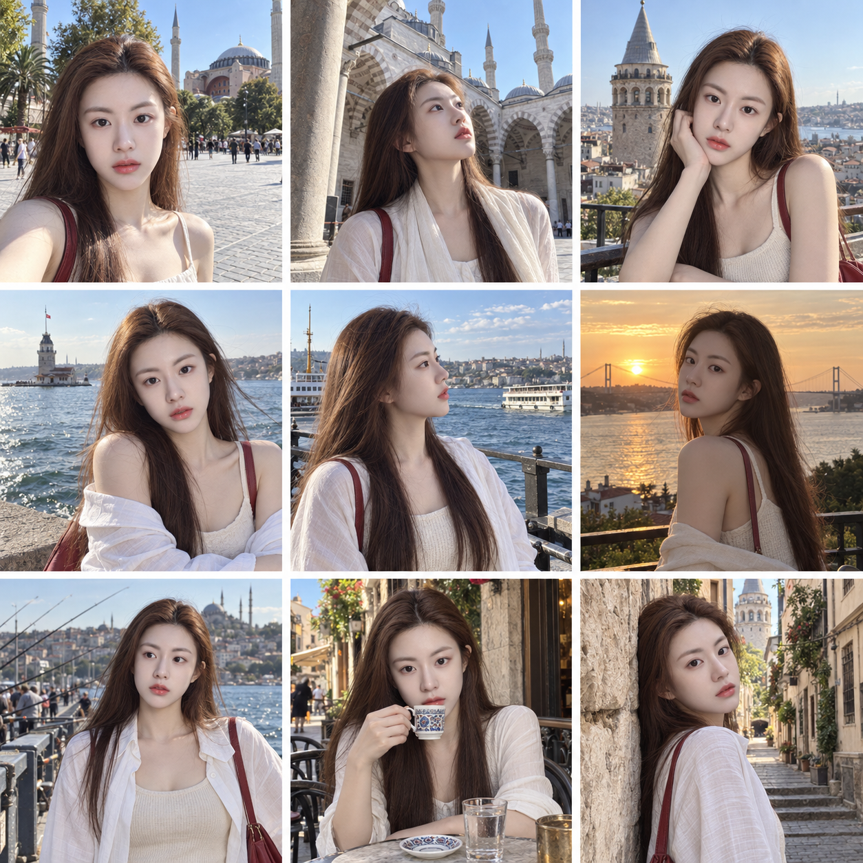伊斯坦布尔同一人物旅行九宫格 — AI image creation