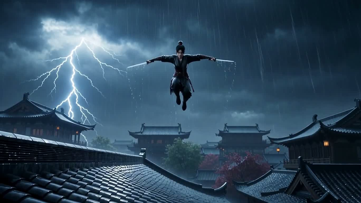 暴雨屋顶的双匕首对决 — AI video creation