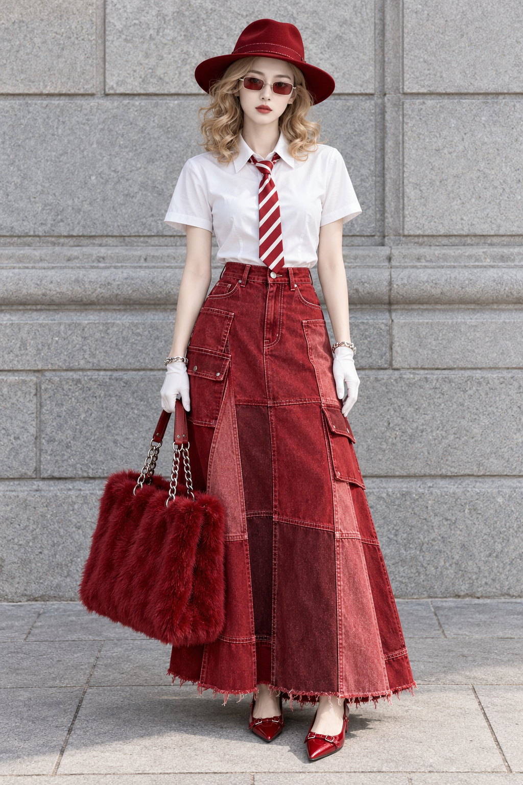 Street Style: Adult Woman in Red and White with a Long Red Denim Skirt