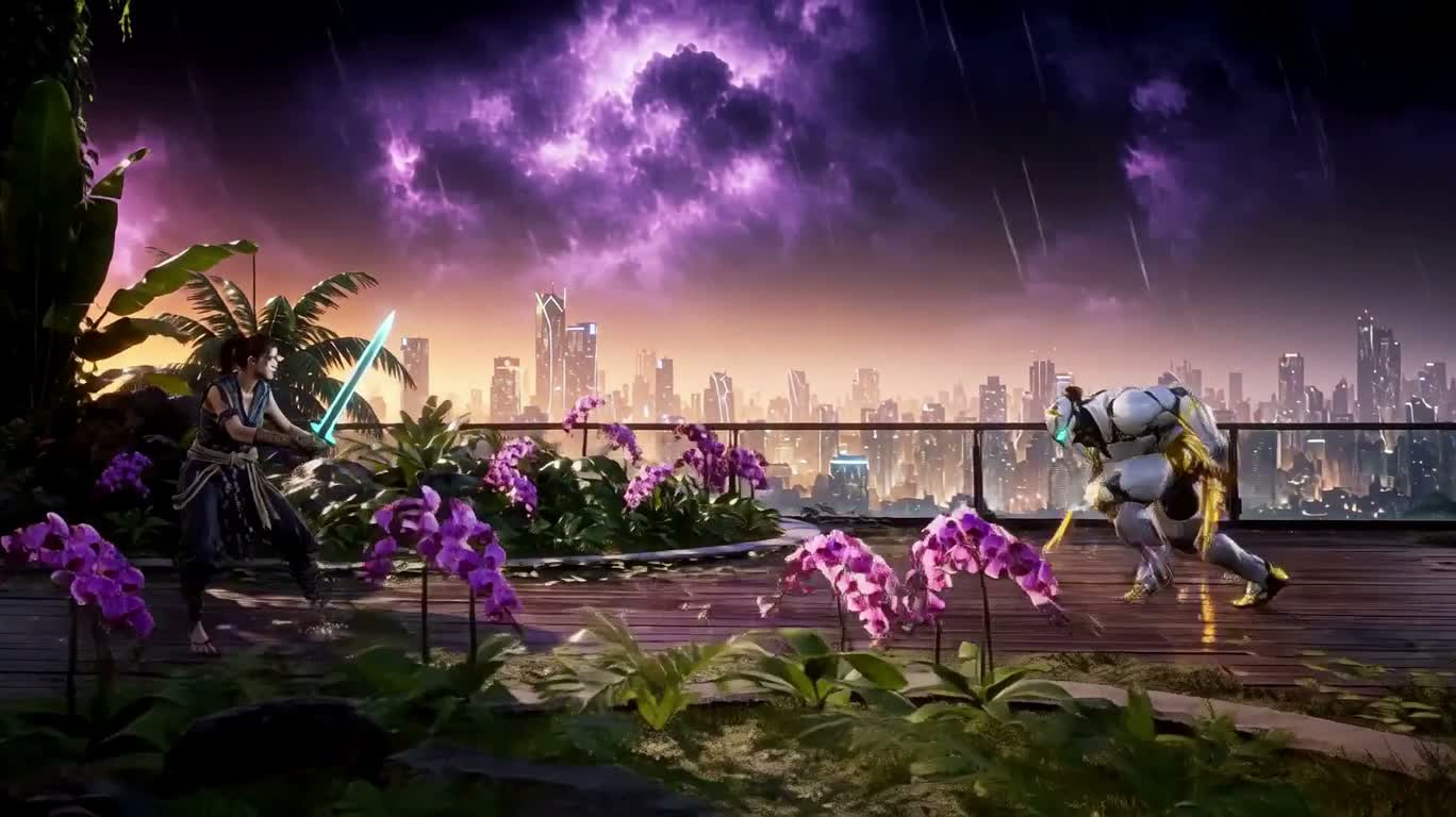 雨夜滨海科幻对决 — AI video creation