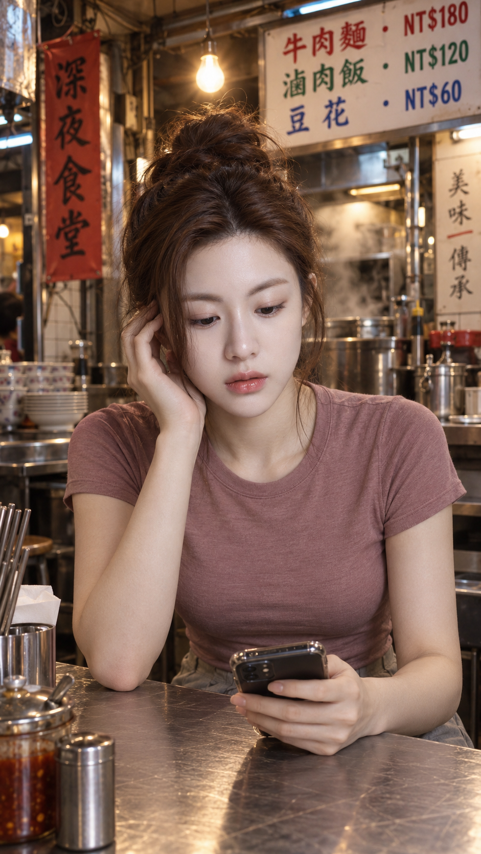深夜の台湾小吃店での自然なポートレート