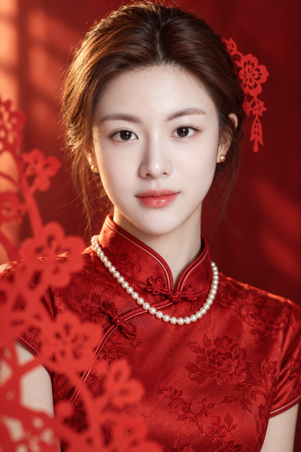 红色剪纸框景中的新中式旗袍肖像 — AI image creation