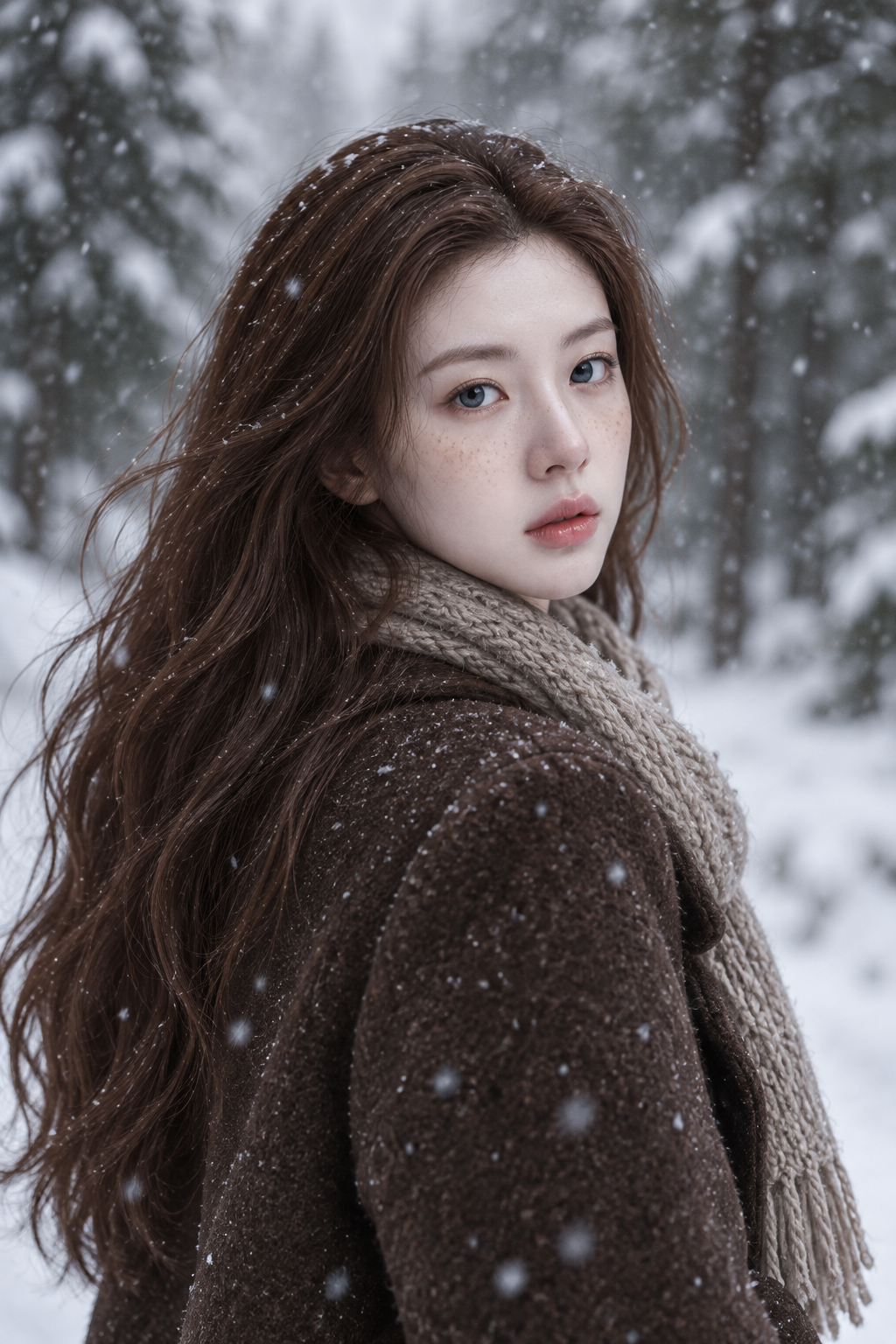 冬日雪林中回眸的成年女性肖像 — AI image creation