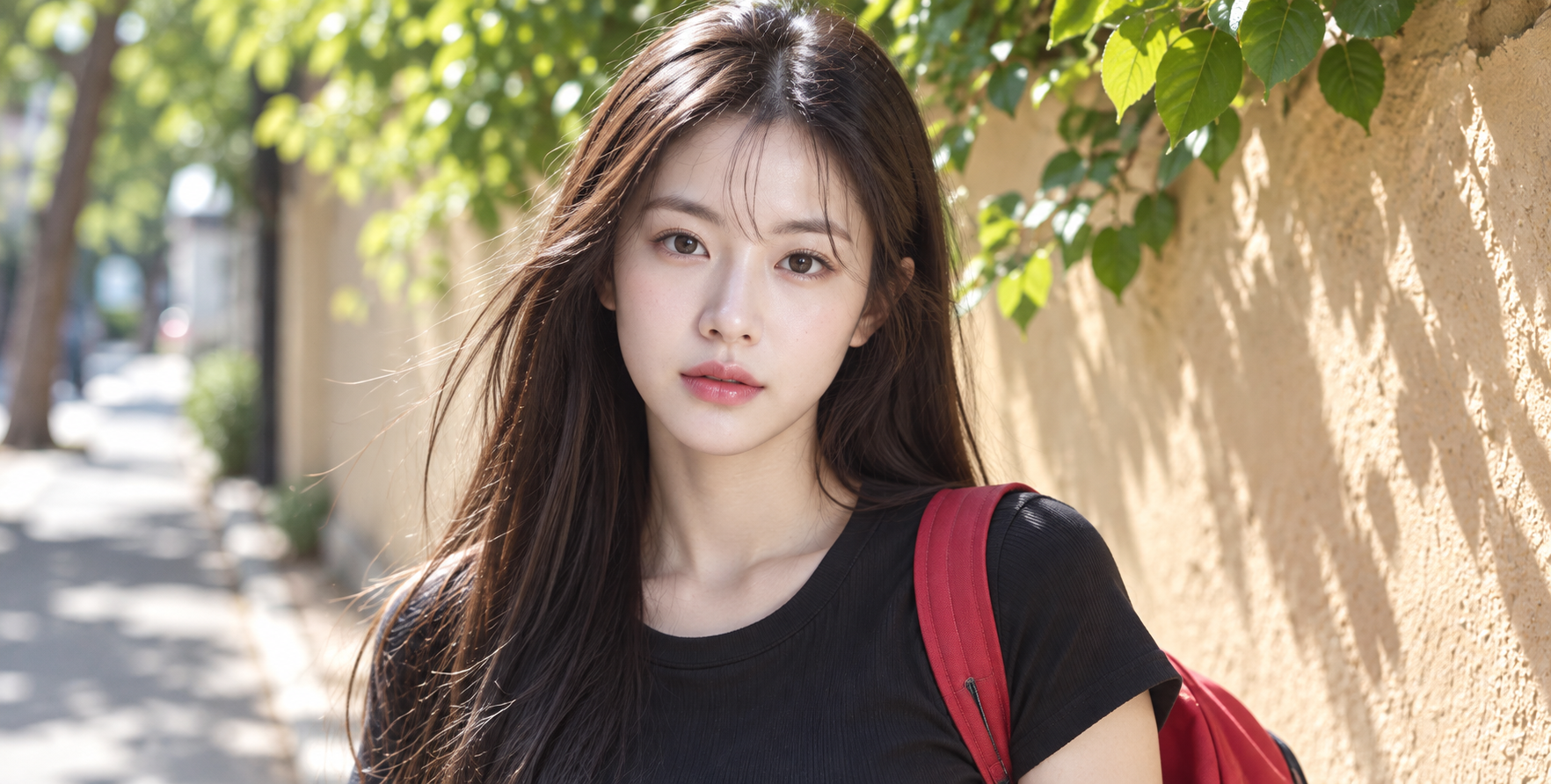 阳光米墙旁红色背包成年女性街拍 — AI image creation