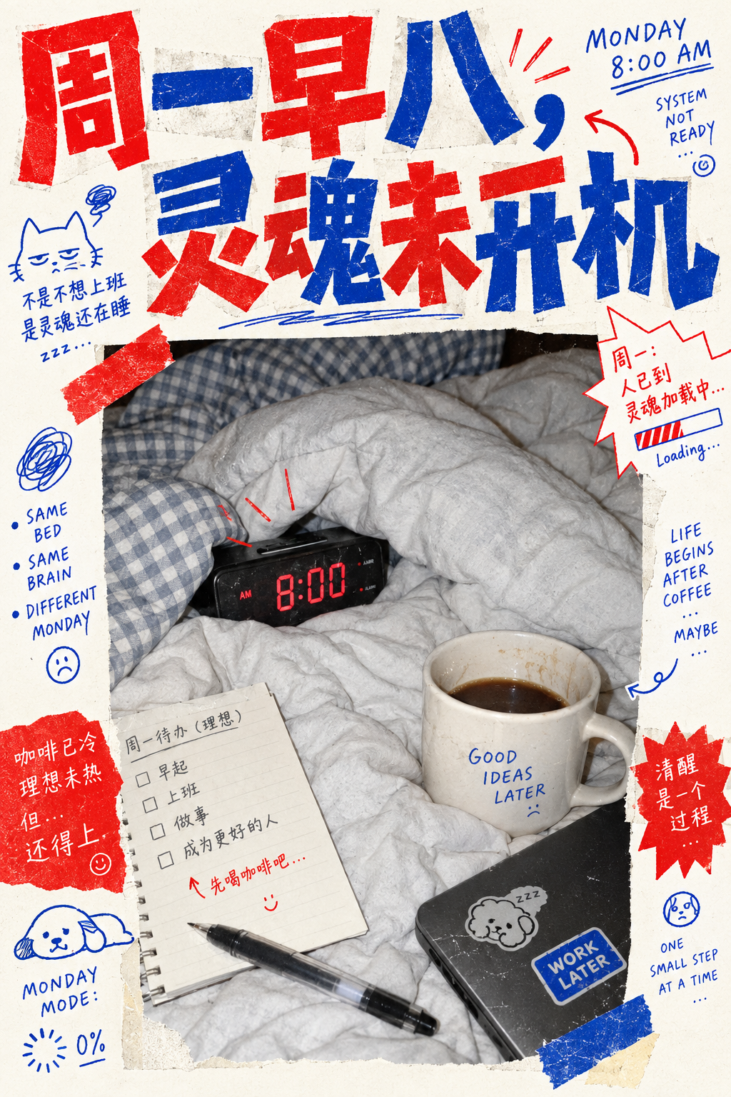 周一早八灵魂未开机反设计梗图海报 — AI image creation