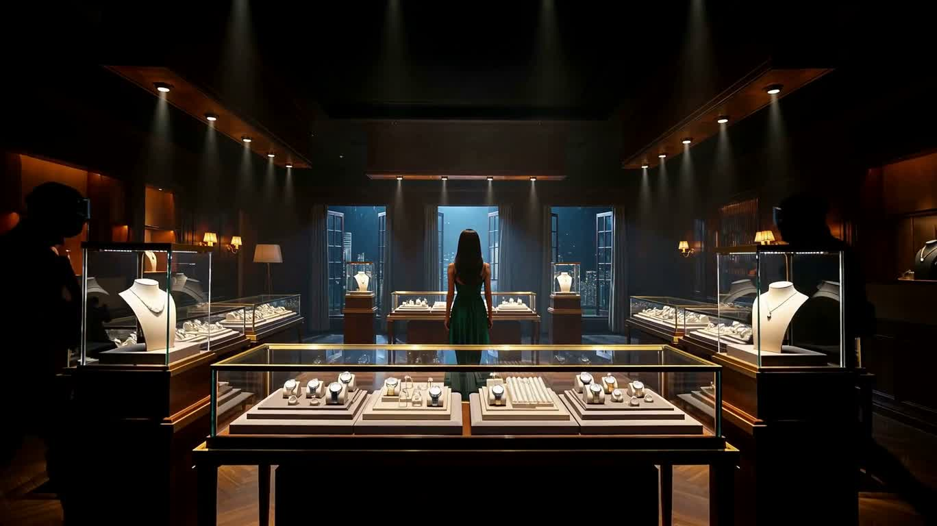 翡翠礼服的珠宝店女侠 — AI video creation