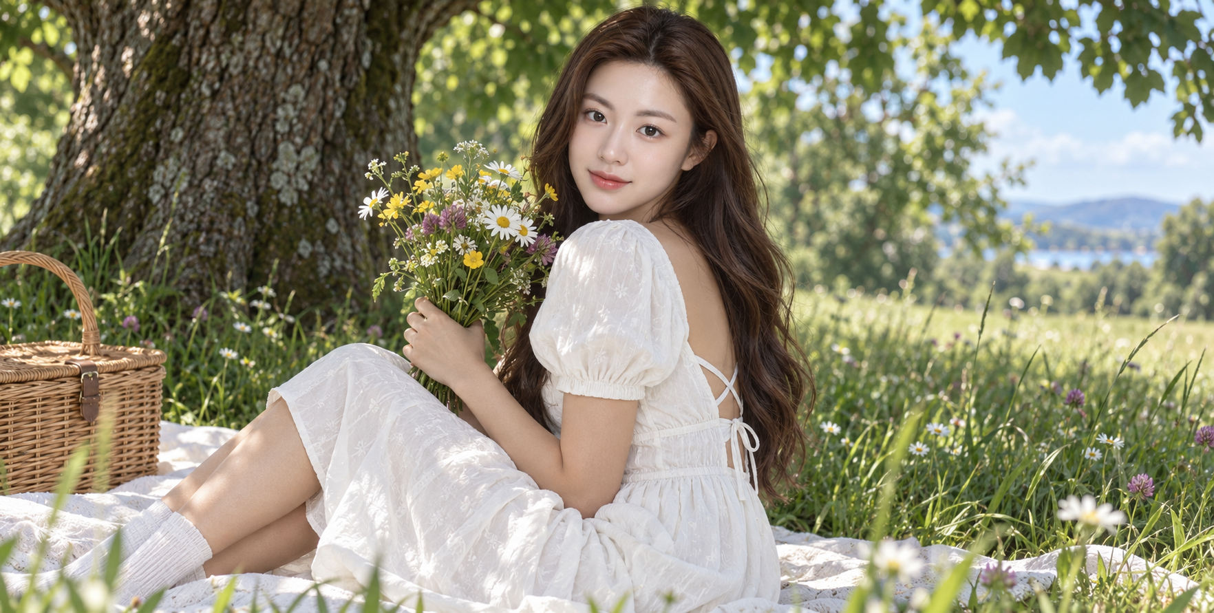 斑驳光影中抱花微笑的田园风甜美写真 — AI image creation
