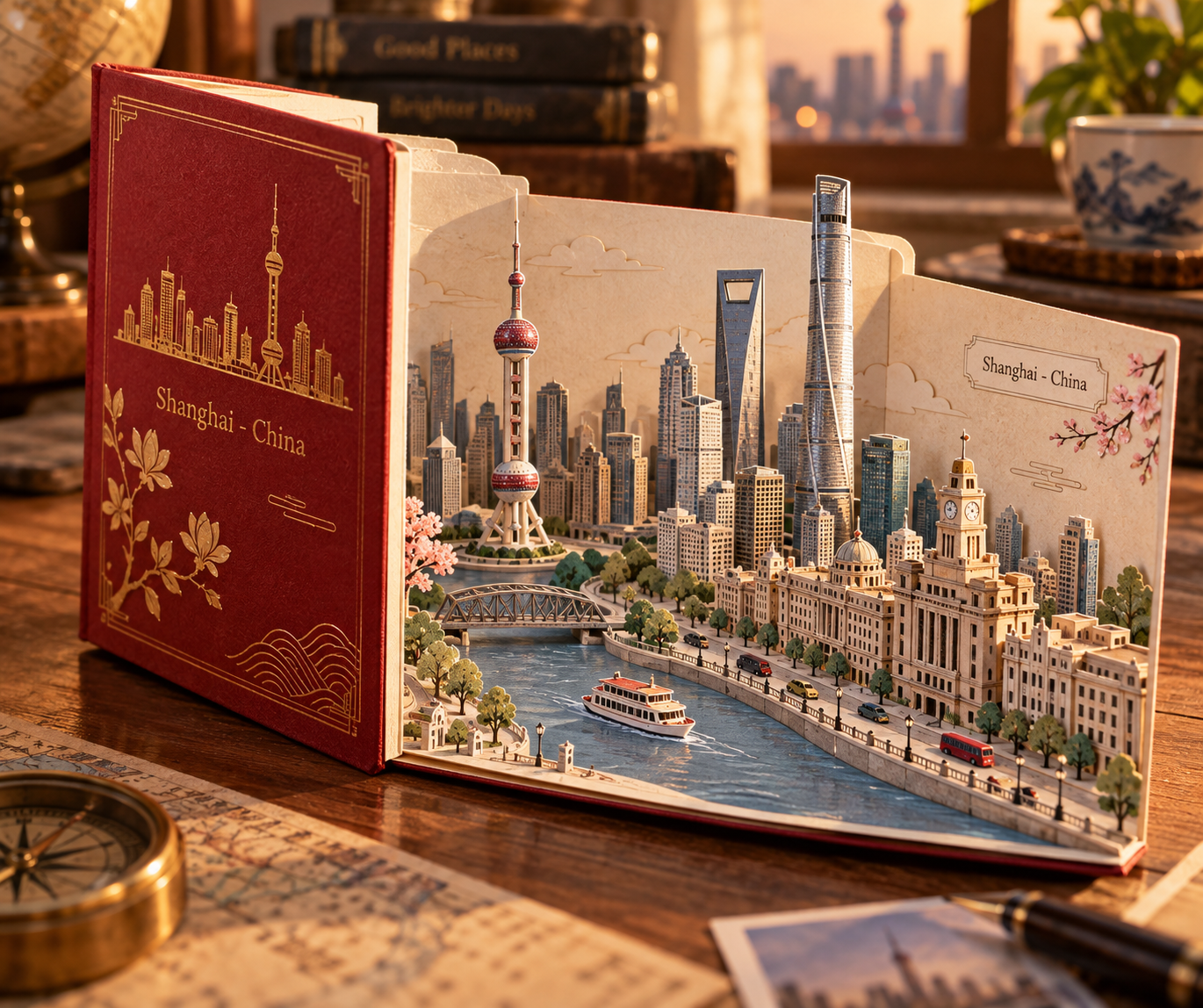 红金立体旅行纪念册展开成上海纸艺微缩城 — AI image creation