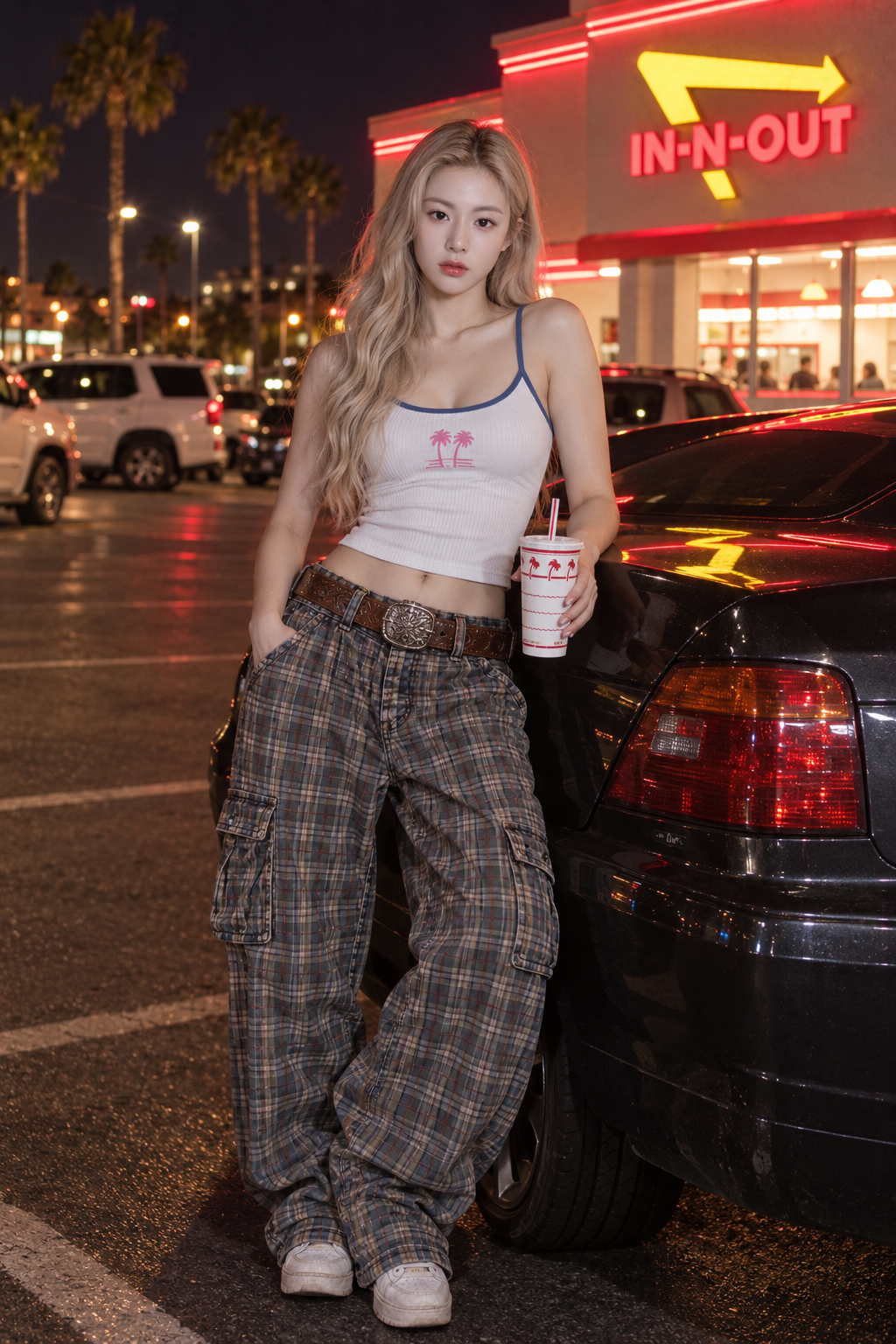 Cô gái tóc vàng ở In-N-Out dưới ánh đèn neon California