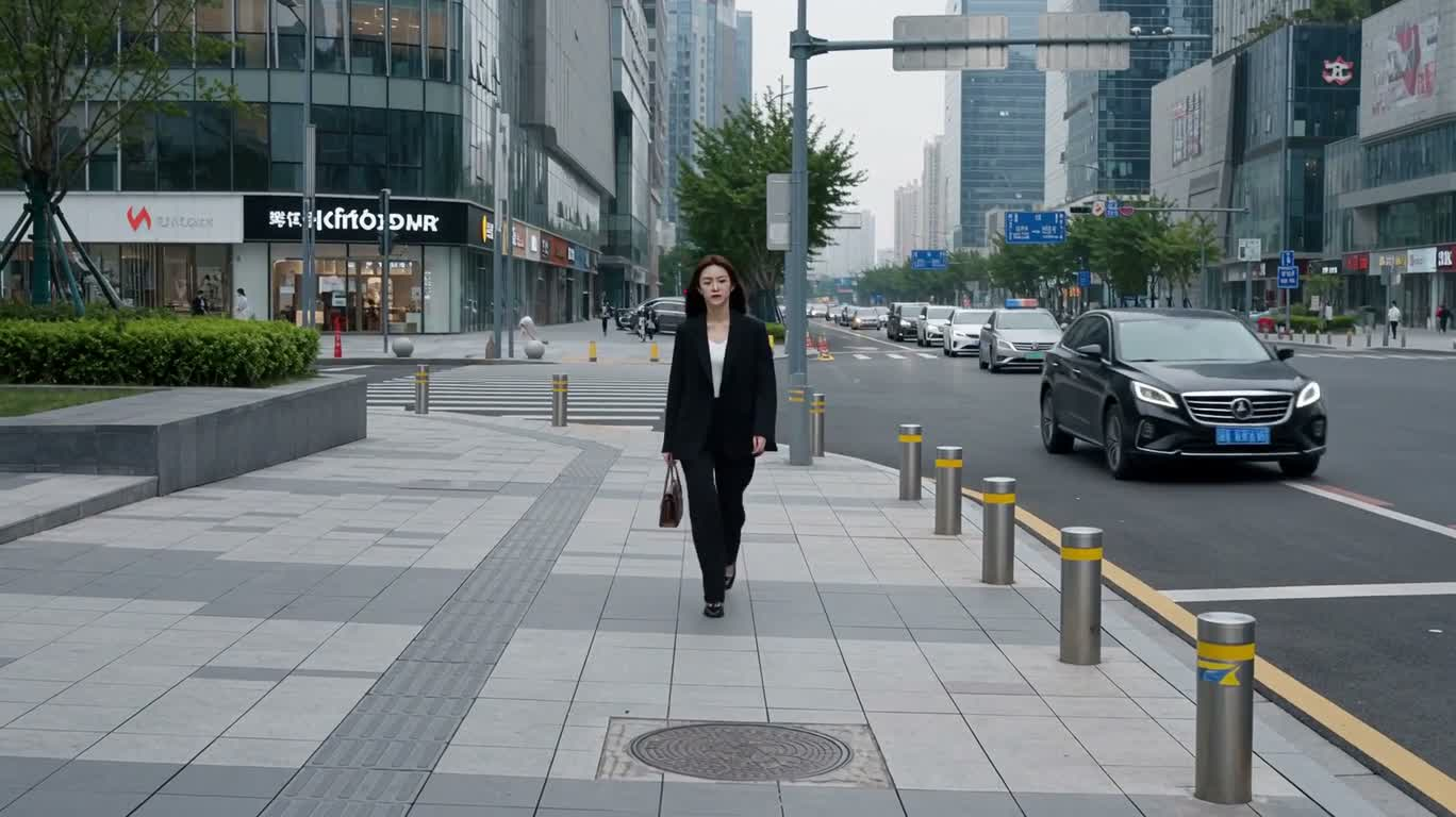 风引导她穿过城市街道 — AI video creation