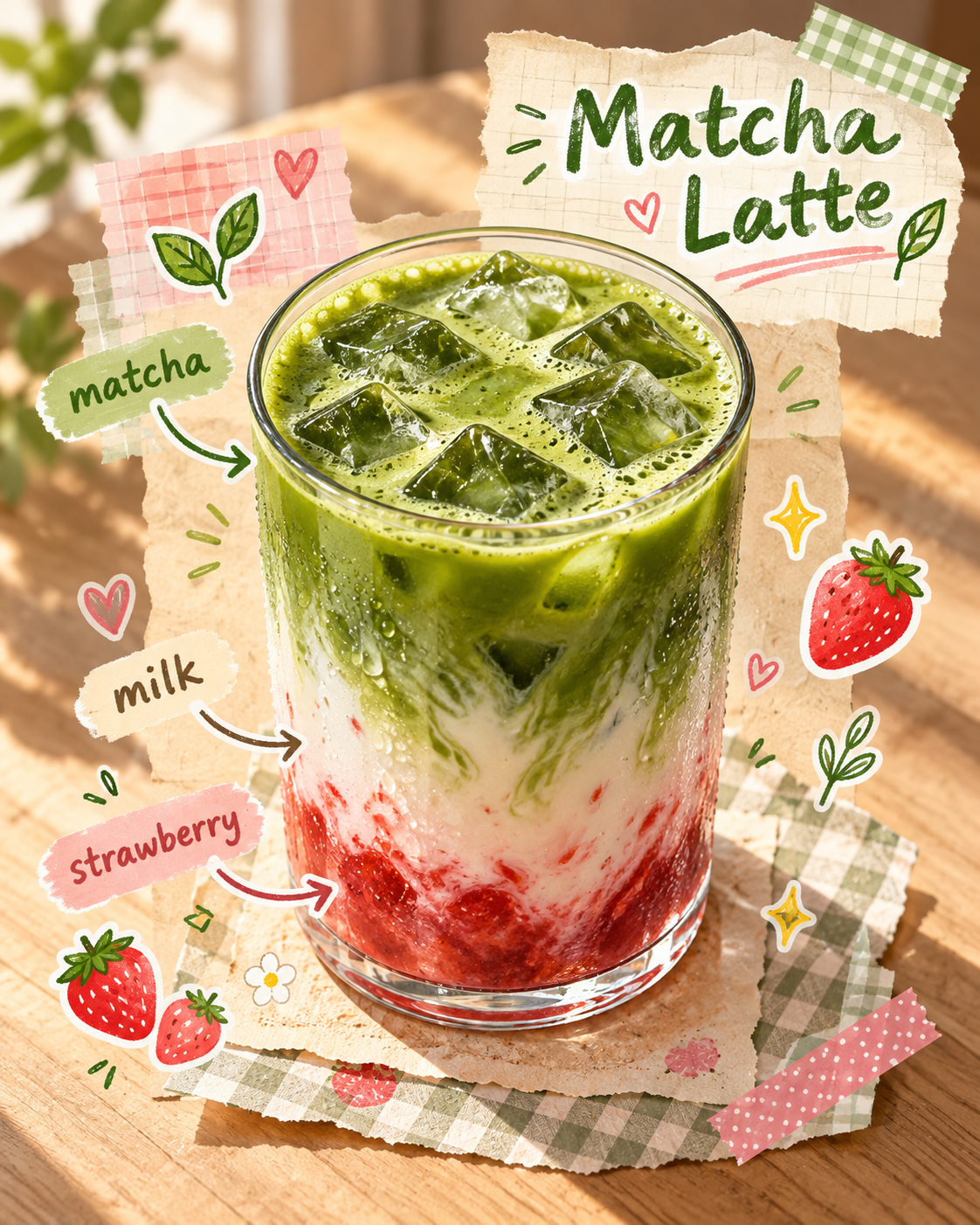 可爱抹茶草莓拿铁剪贴簿海报 — AI image creation