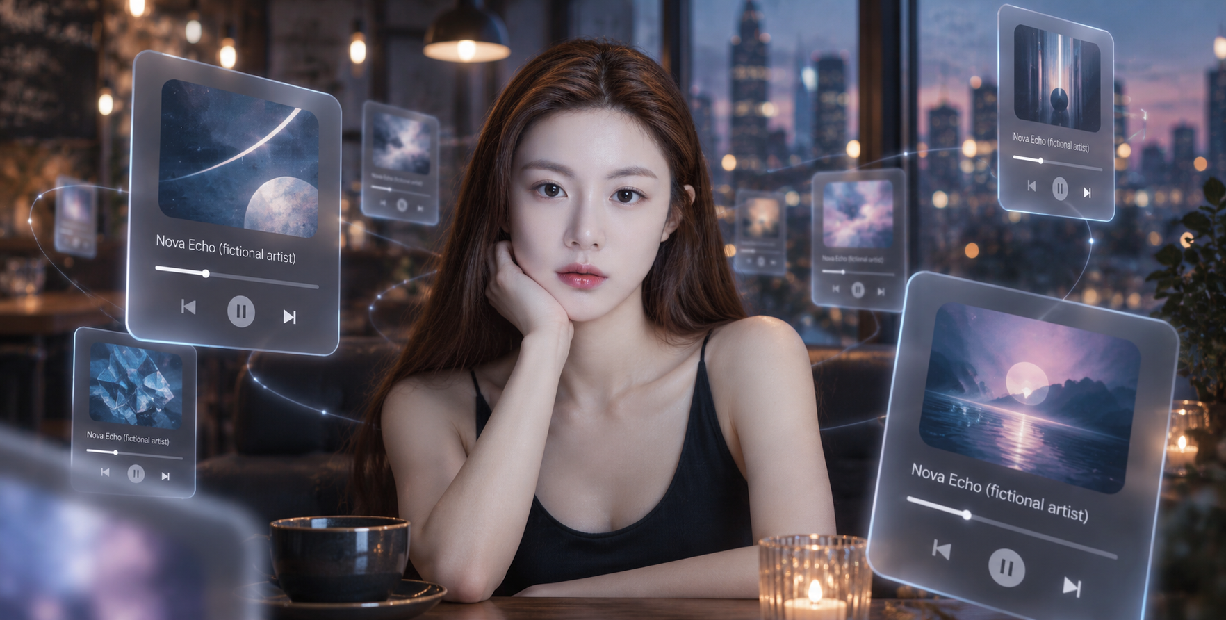 인물 주위에 떠 있는 음악 플레이어 증강현실 초상화