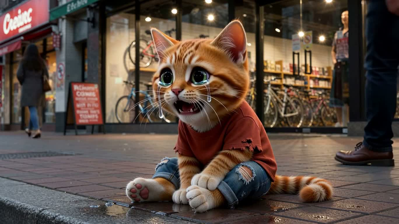 雨夜街角哭泣的小橘猫 — AI video creation