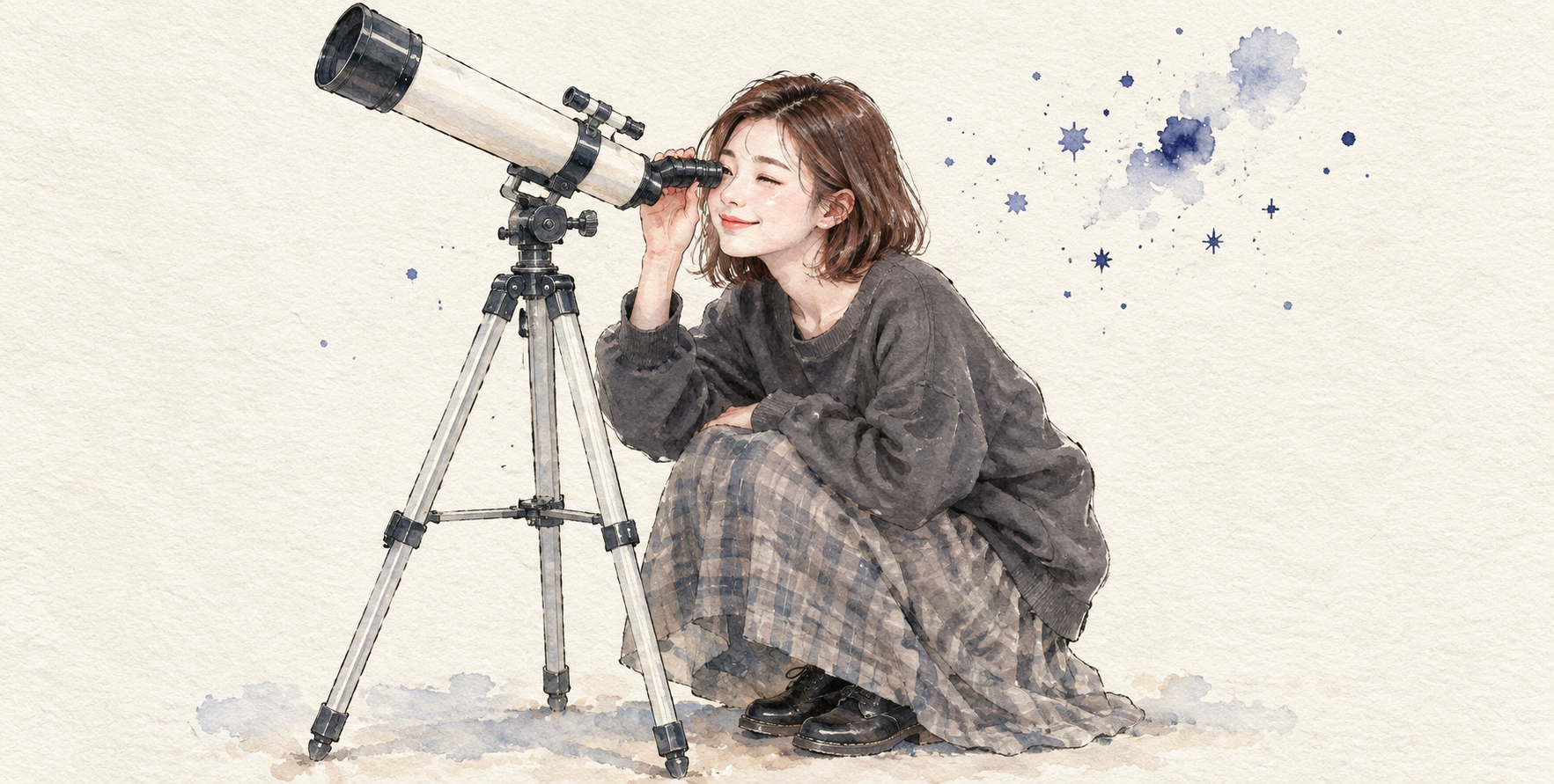 望远镜女孩手绘水彩插画 — AI image creation