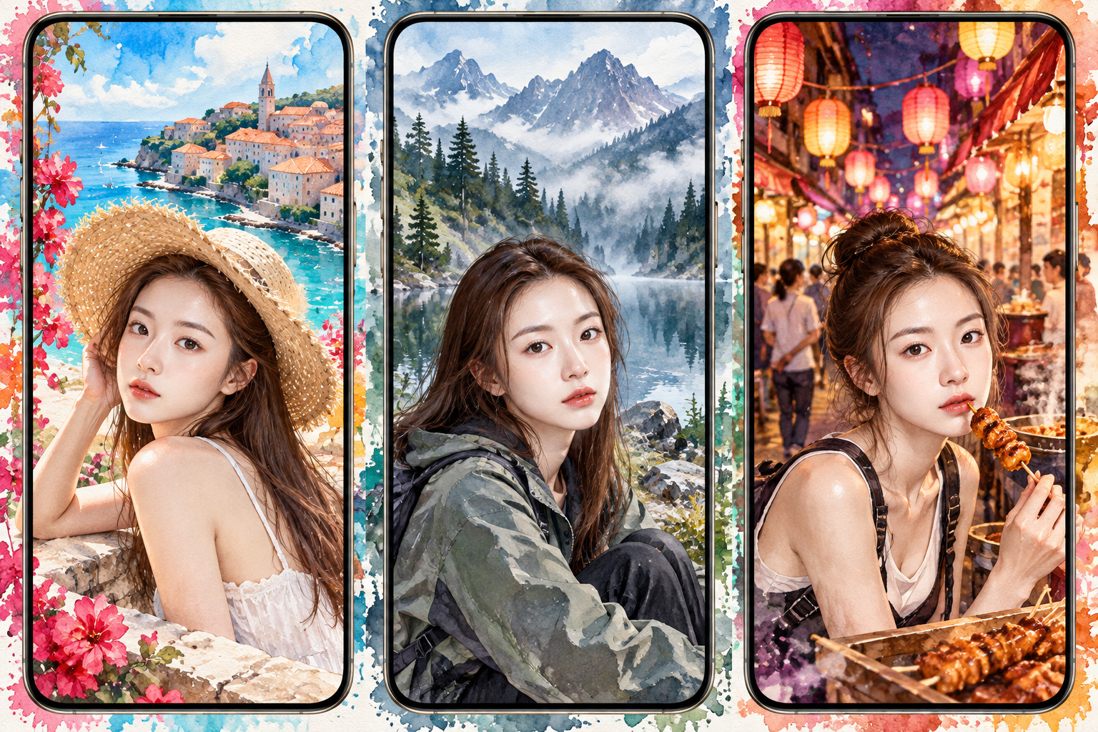 参考角色三分屏旅行水彩海报 — AI image creation