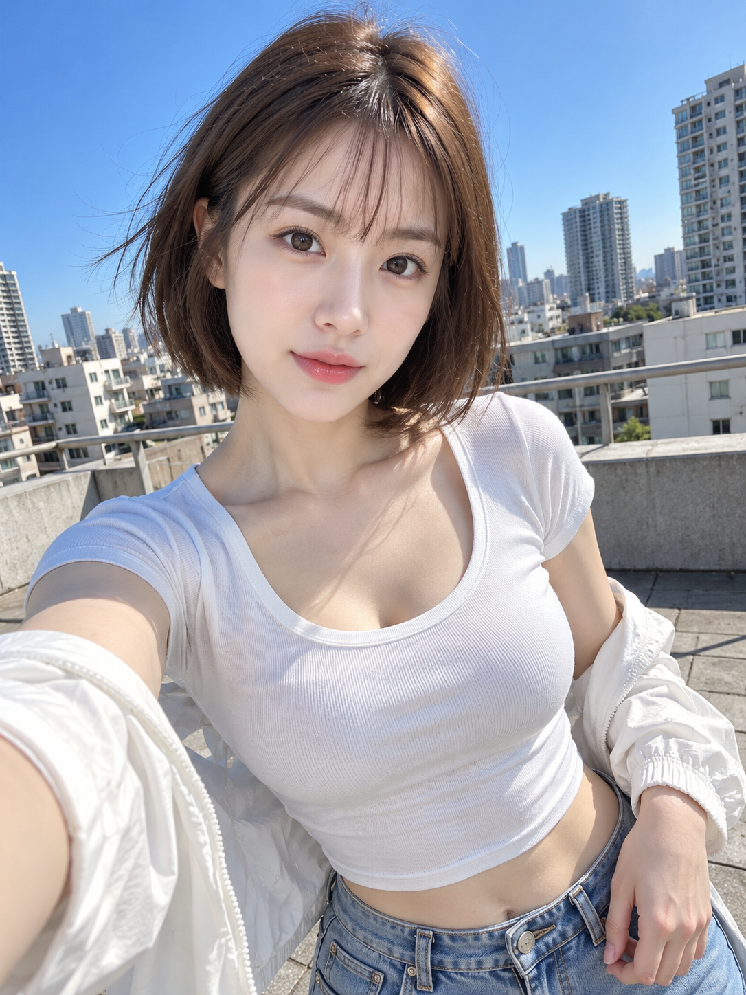 晴日城市屋顶的白T恤自拍 — AI image creation