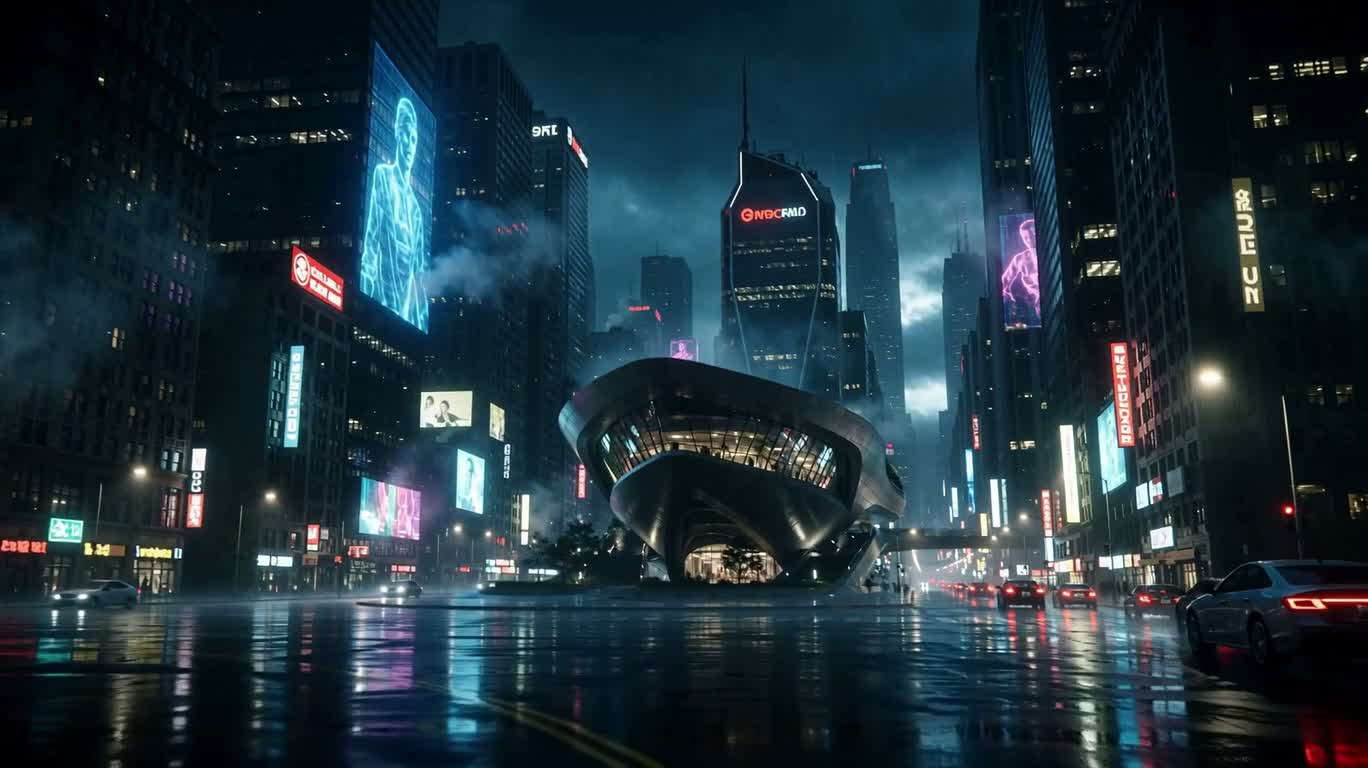 Neon Streamline Architecture on a Rainy Night — AI video creation