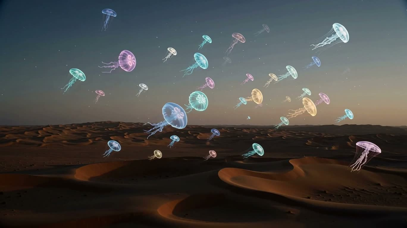 暮光沙漠中的发光水母 — AI video creation
