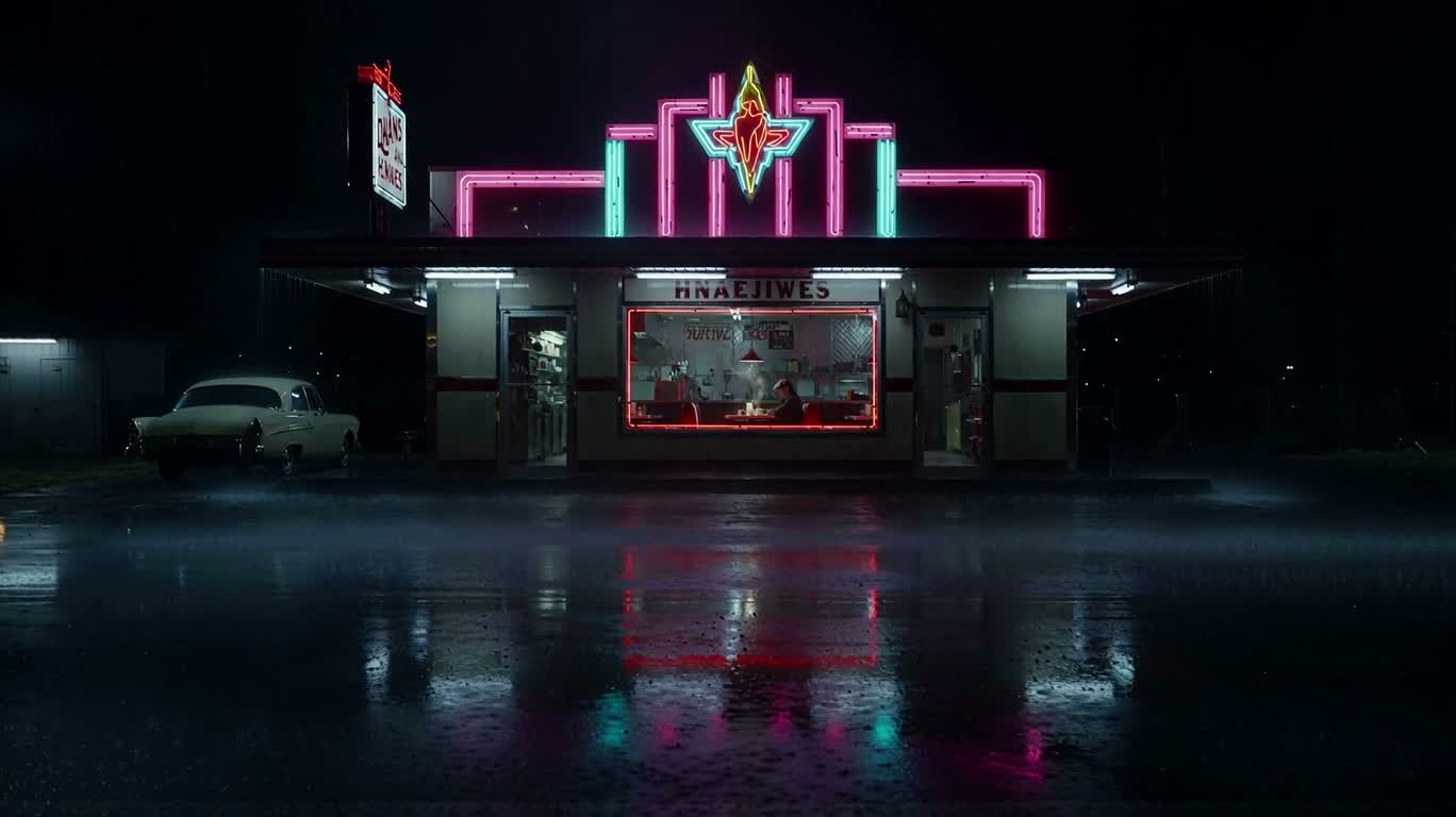 雨夜のネオンに佇む孤独な食堂 — AI video creation