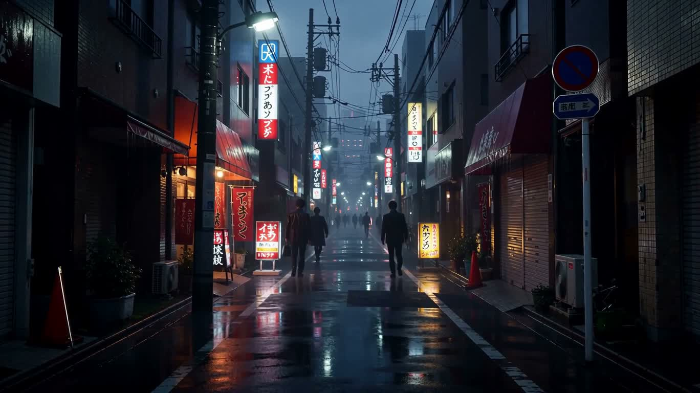 大阪黄昏霓虹雨巷 — AI video creation