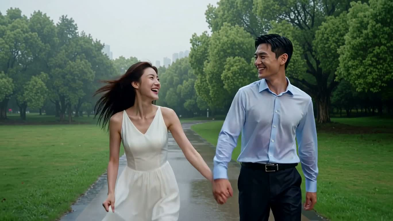 雨中公园恋人漫步 — AI video creation