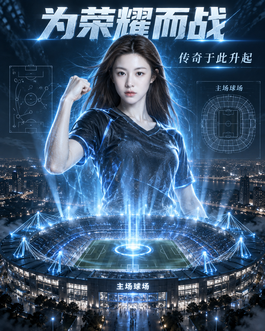 足球场中央全息运动员电影感信息图 — AI image creation