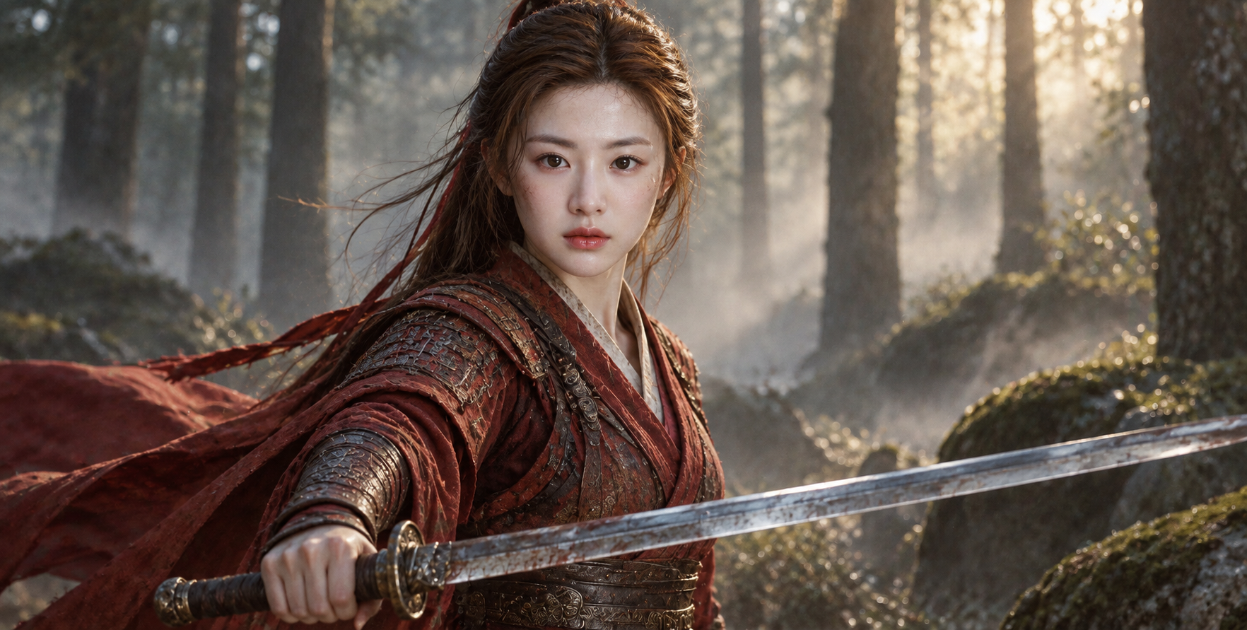 晨雾森林中的红衣成年女战士 — AI image creation