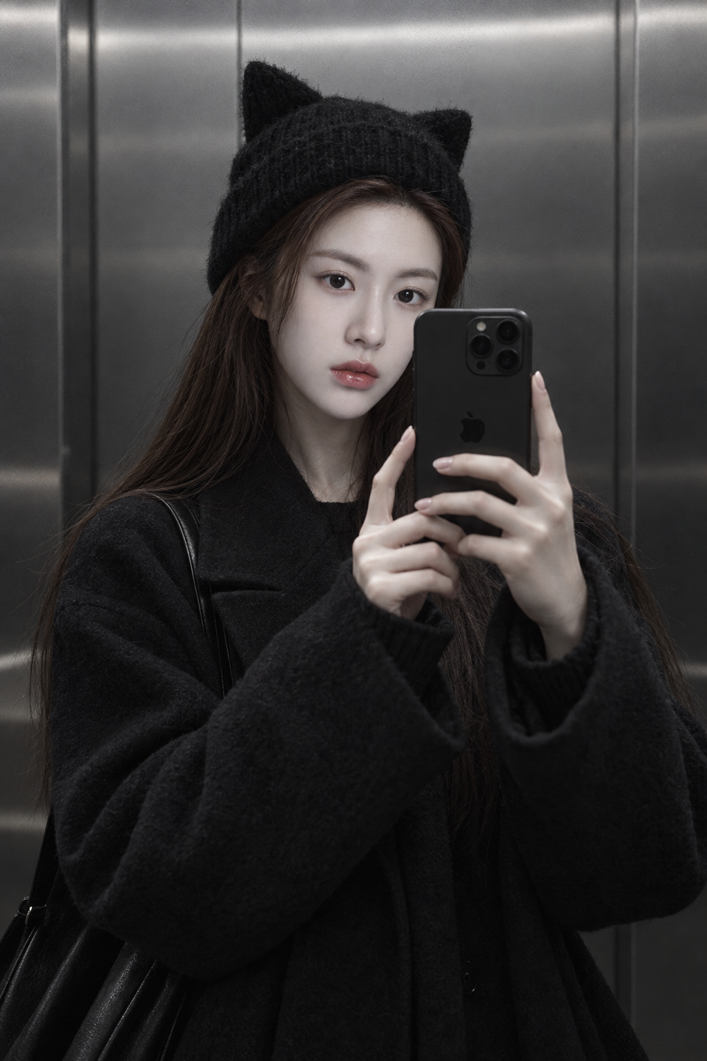 极简黑白风电梯镜面中的猫耳少女侧颜 — AI image creation