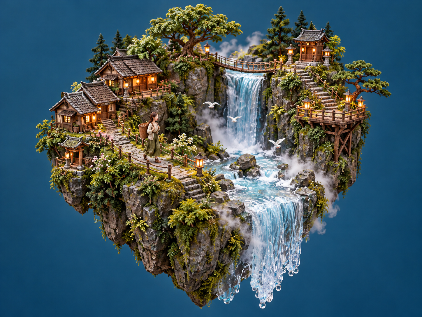 悬浮森林瀑布村微缩景观 — AI image creation