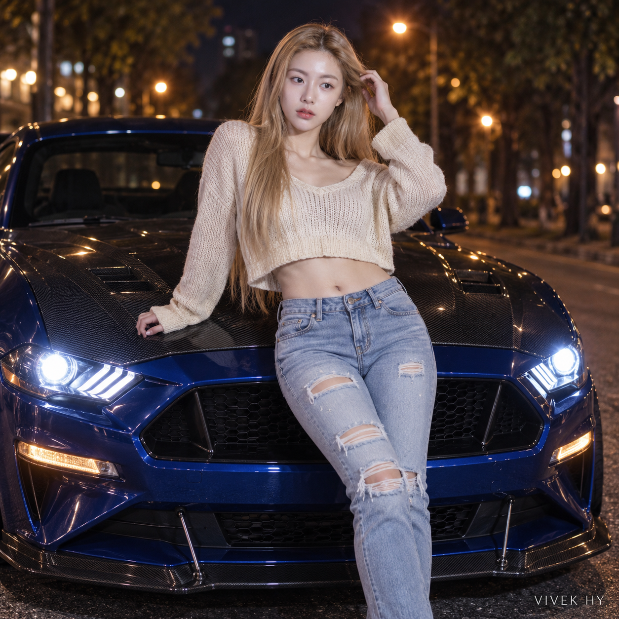 夜色蓝色野马旁的金发成年女性街头时尚肖像