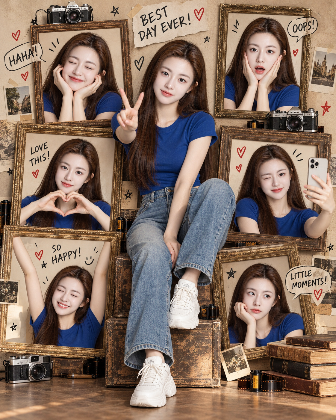 复古相框拼接皇家蓝T恤少女写真海报 — AI image creation