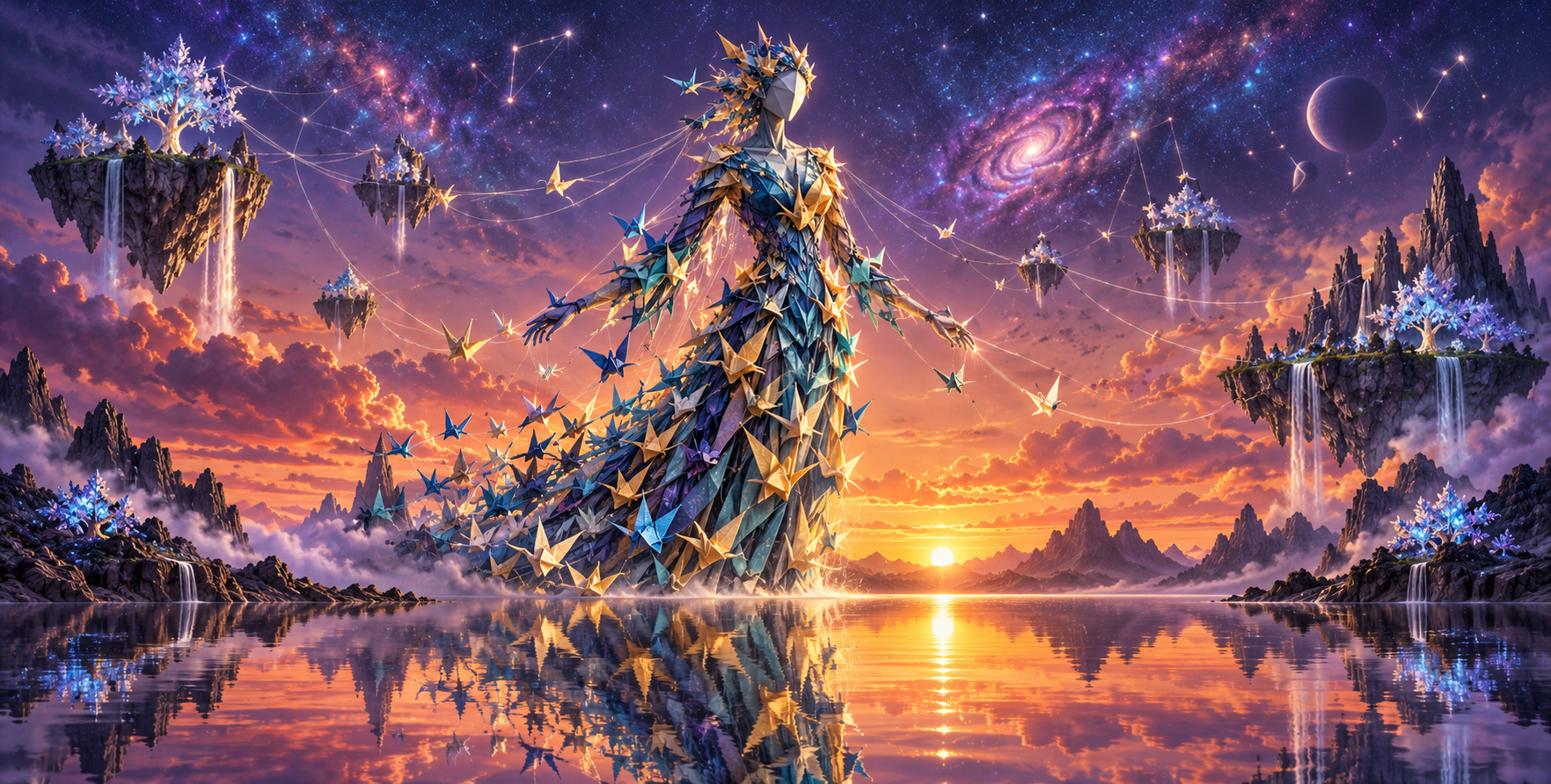 千纸鹤雕塑伫立于星云湖面的奇幻插画 — AI image creation