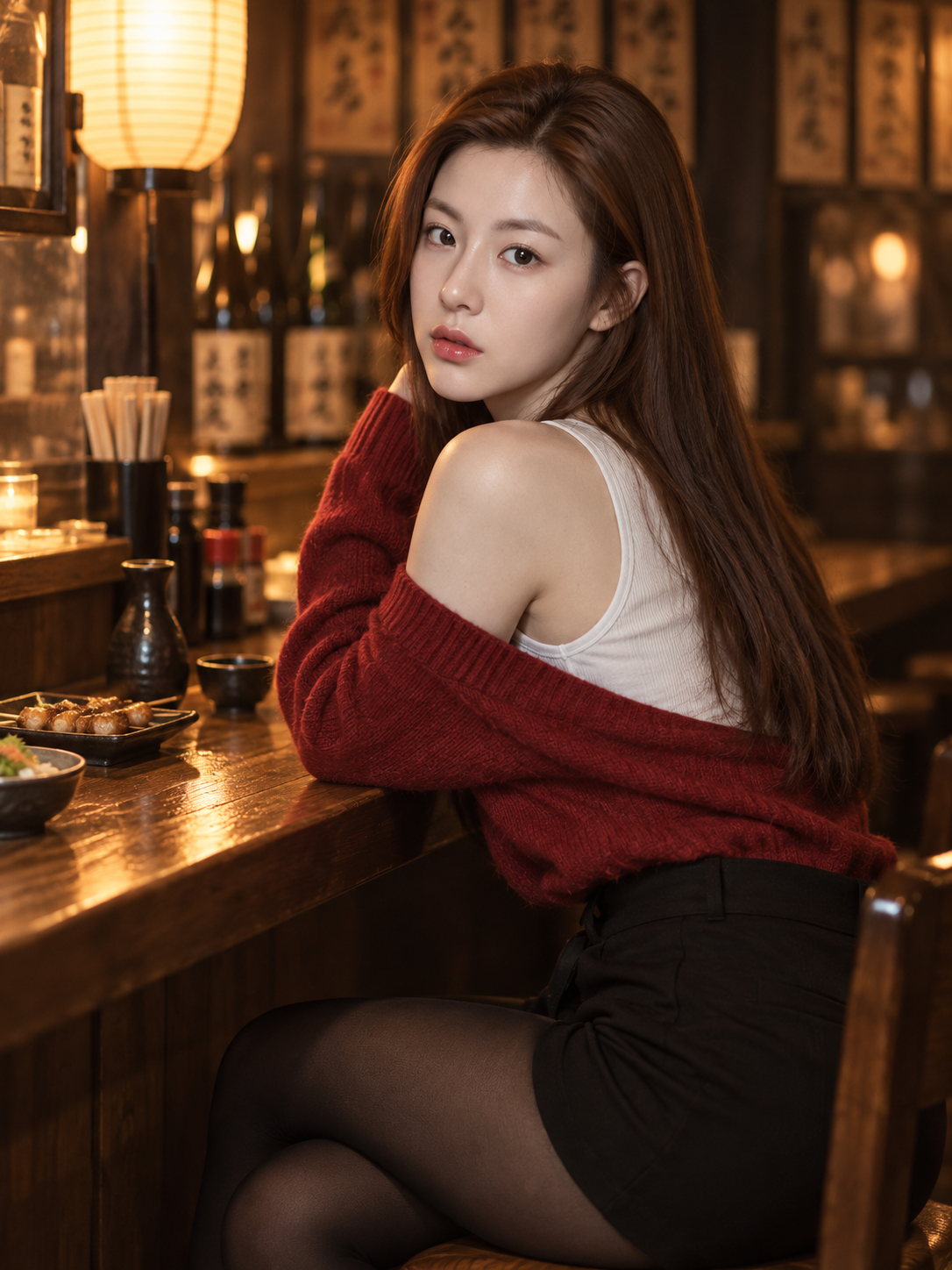 红色针织造型的居酒屋成年女性电影感肖像 — AI image creation