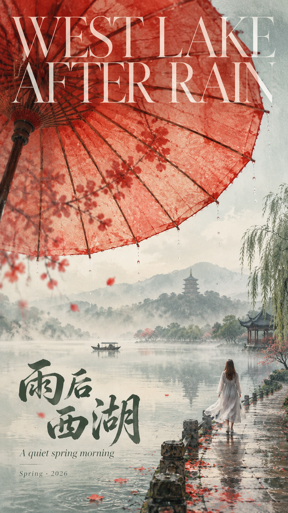 雨后西湖·现代东方诗意画报 — AI image creation