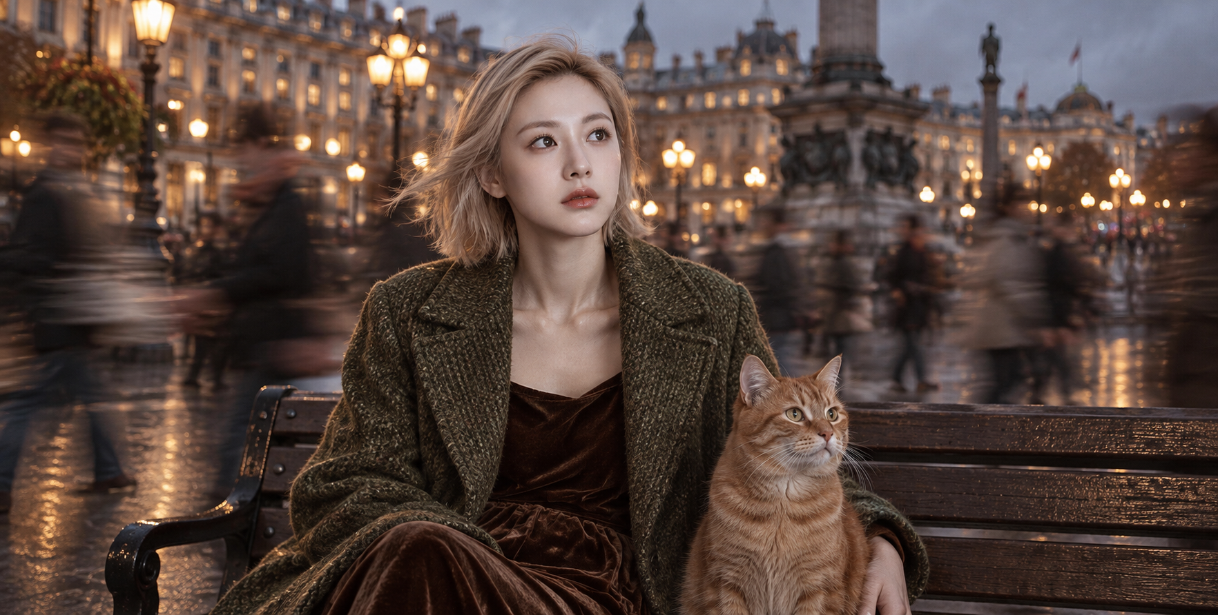 黄昏都市广场中与姜黄色猫咪相伴的成年女性 — AI image creation