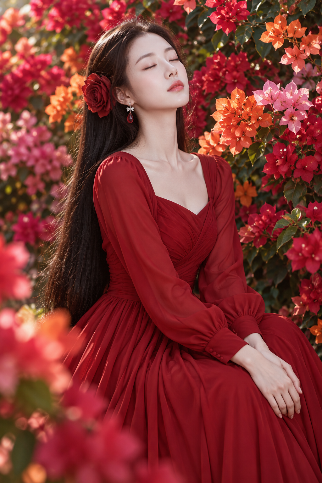 繁花背景中的绯红礼服成年女性肖像 — AI image creation