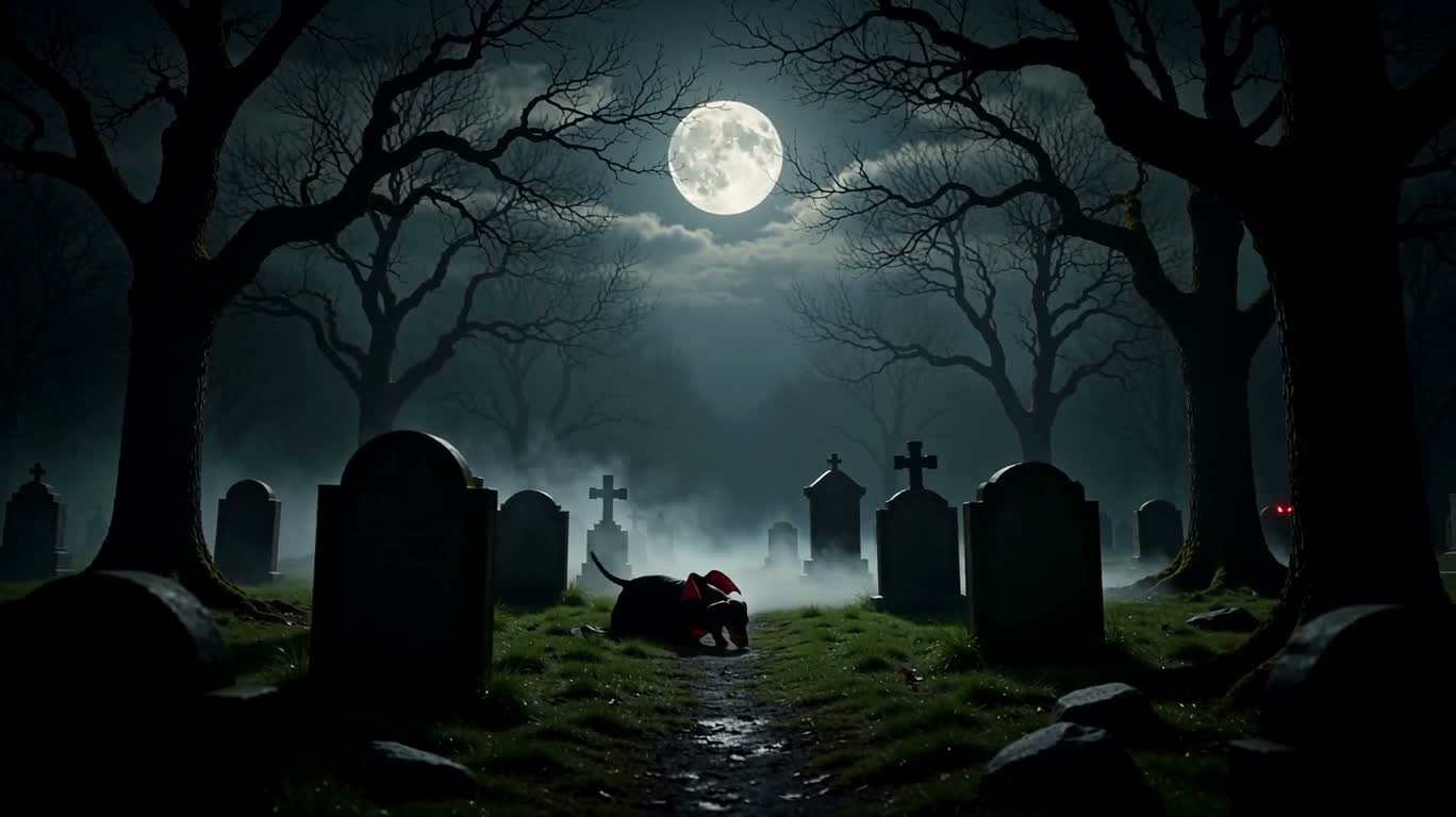 Vampire Dachshund in the Misty Graveyard — AI video creation